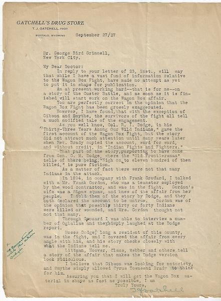 TWO LETTERS FROM JIM GATCHELL, JOHNSON CITY, WYOMING, TO GEORGE BIRD GRINNELL, THE “FATHER OF AMERICAN CONSERVATION” WITH GREAT CONTENT ON THE DEVELOPMENT OF THE AMERICAN WEST.