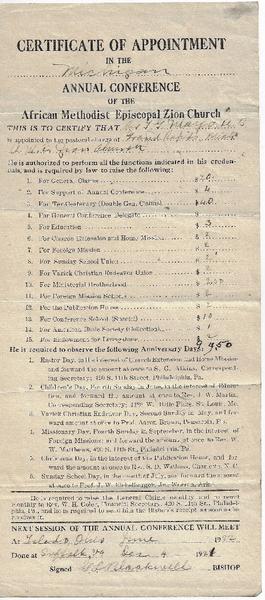 AFRICAN METHODIST EPISCOPAL CHURCH - MICHIGAN (African American) CERTIFICATE OF APPOINTMENT IN THE MICHIGAN ANNUAL CONFERENCE OF THE AFRICAN METHODIST EPISCOPAL ZION CHURCH.