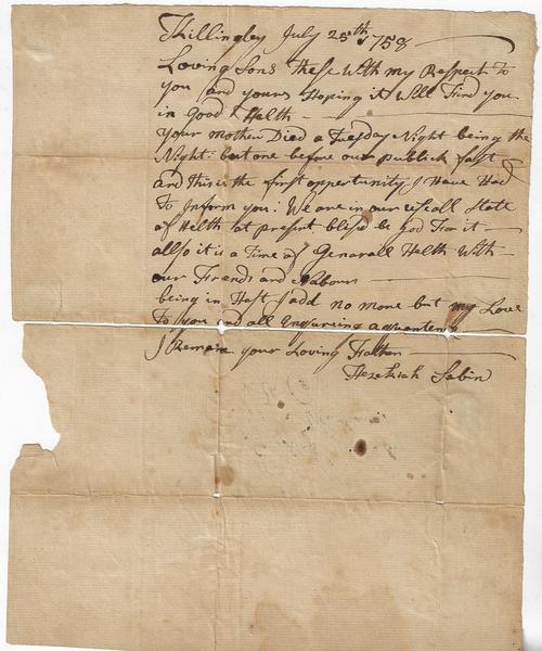 Letter from Hezekiah Sabin to his son concerning the death of his mother.