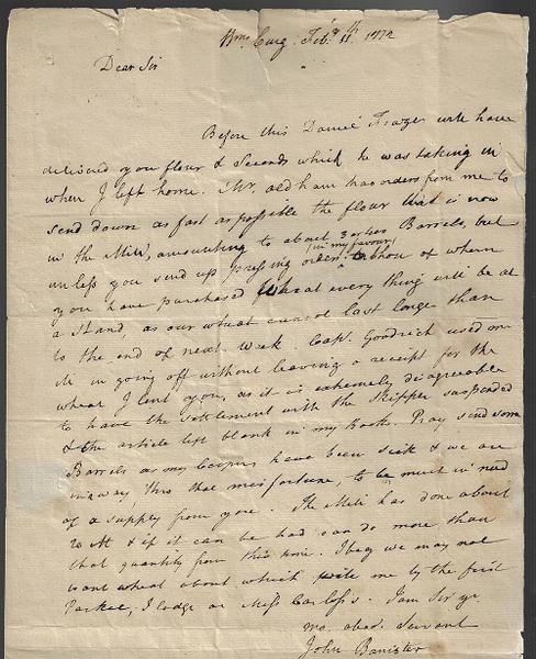 EXCEEDINGLY SCARCE AND IMPORTANT REVOLUTIONARY WAR PATRIOT LETTER FROM JOHN BANISTER, WILLIAMSBURG, VA TO MESSRS. INGLES AND LONG OF PORTSMOUTH, VA. - 2-11-1772